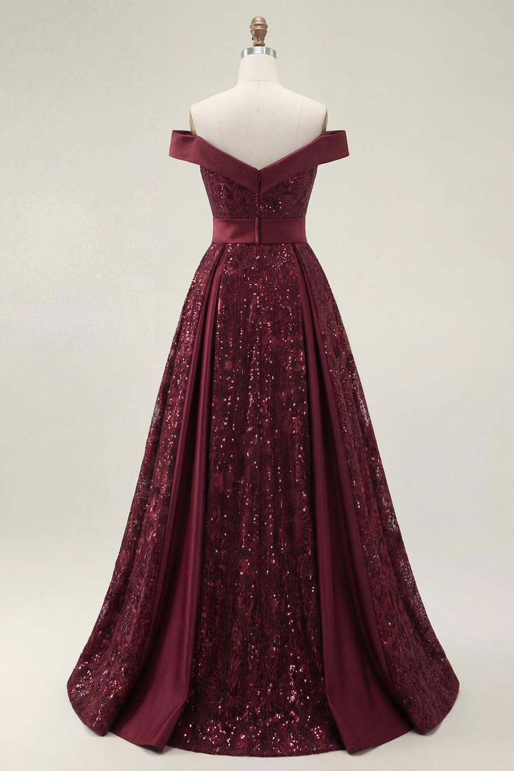 Burgundy Off the Shoulder Sparkly Sequined Long Prom Dress