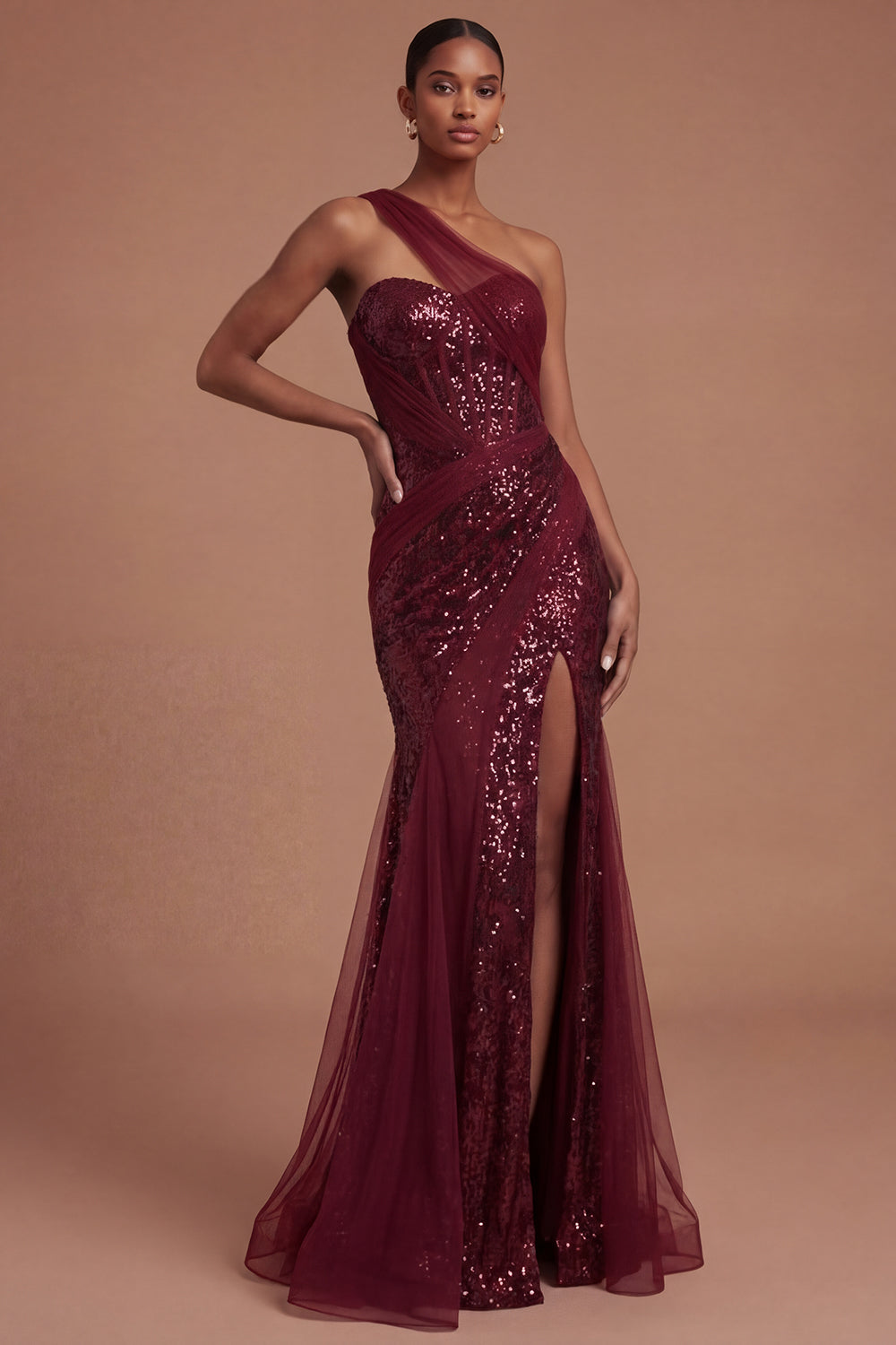Corset Burgundy Mermaid One Shoulder Ruched Long Prom Dress with Slit