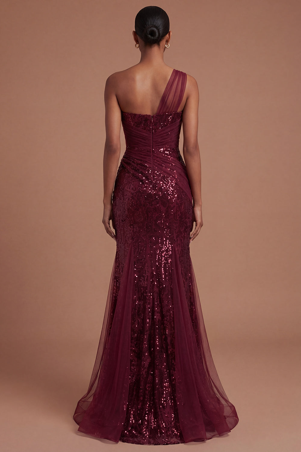 Corset Burgundy Mermaid One Shoulder Ruched Long Prom Dress with Slit