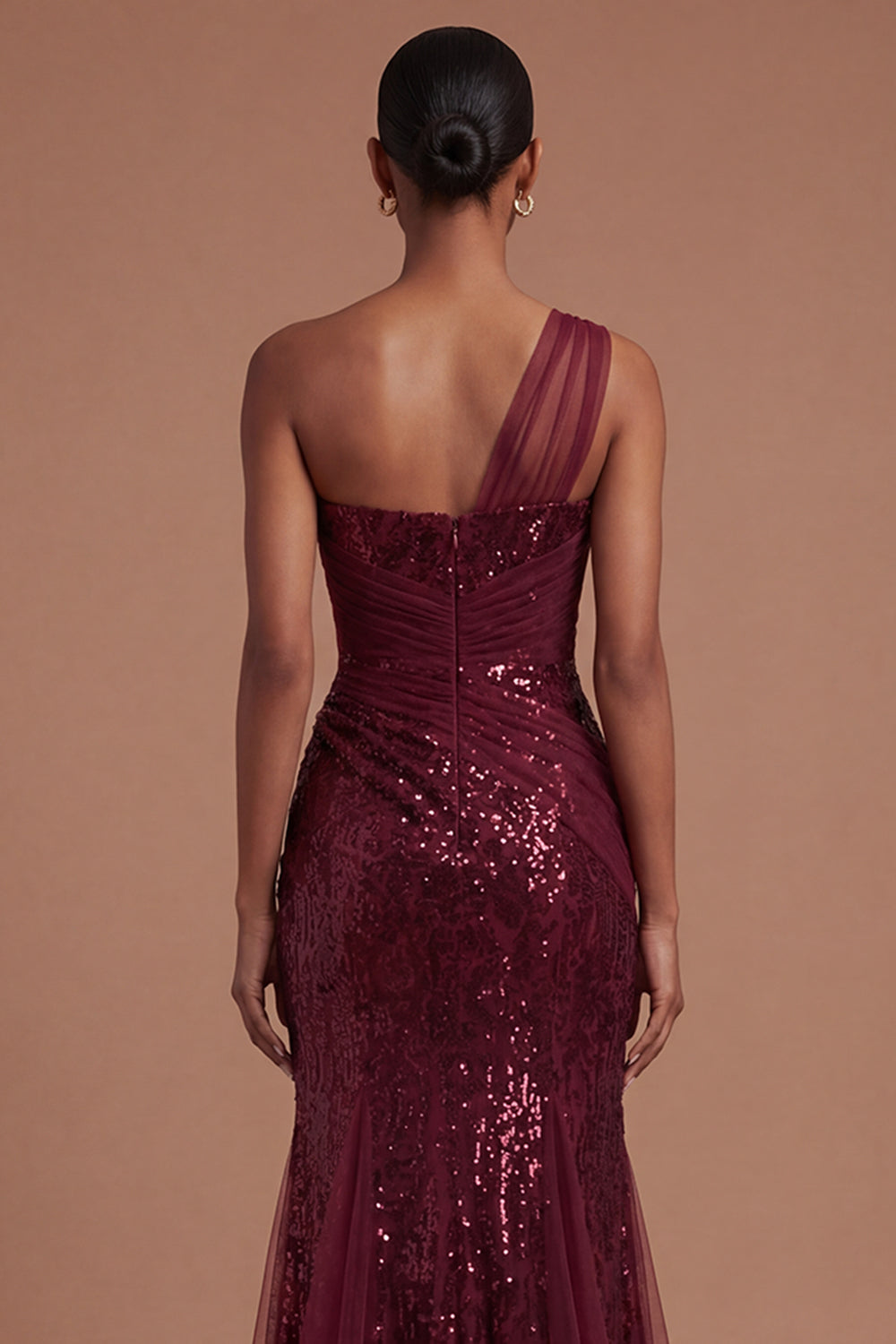 Corset Burgundy Mermaid One Shoulder Ruched Long Prom Dress with Slit