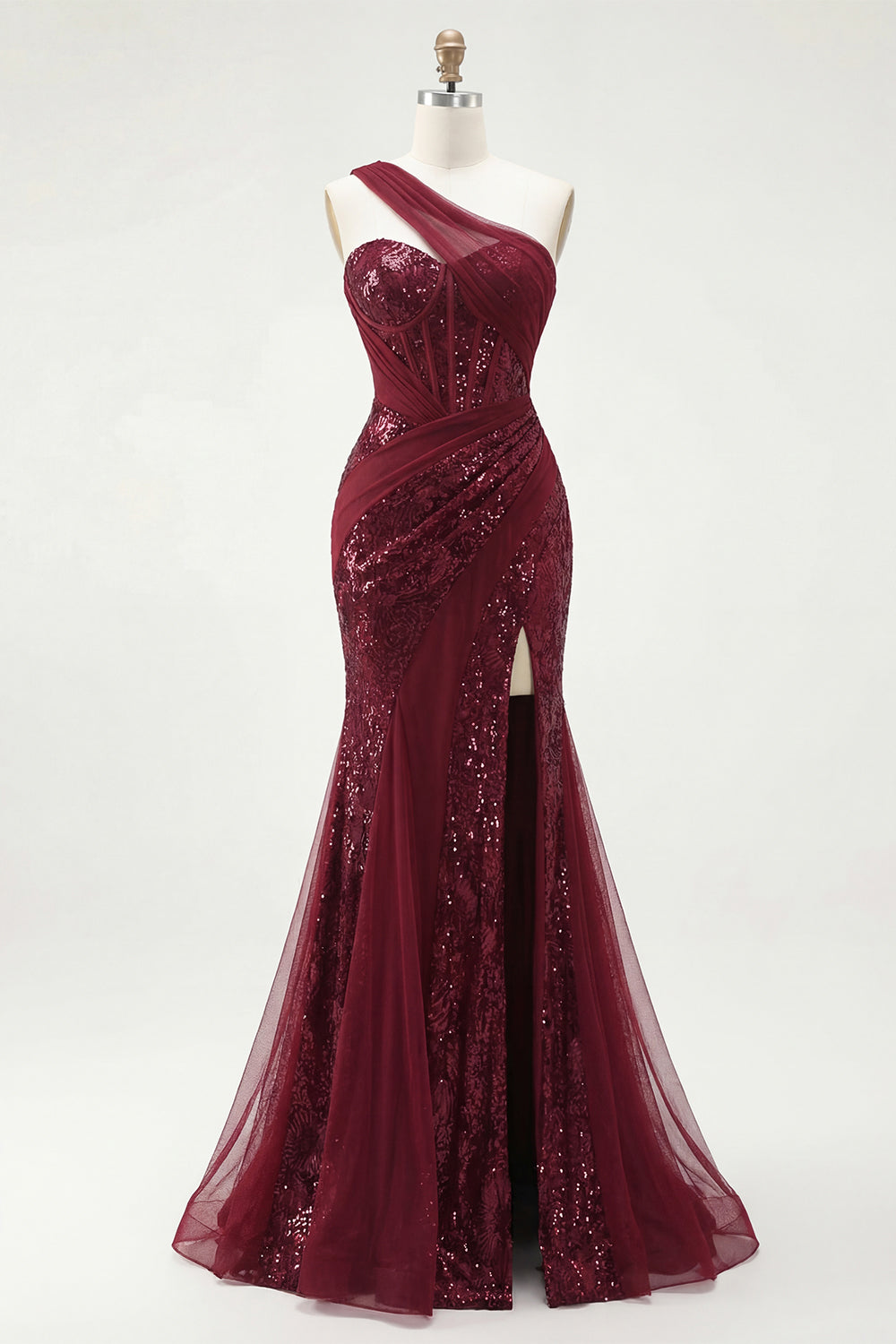 Corset Burgundy Mermaid One Shoulder Ruched Long Prom Dress with Slit
