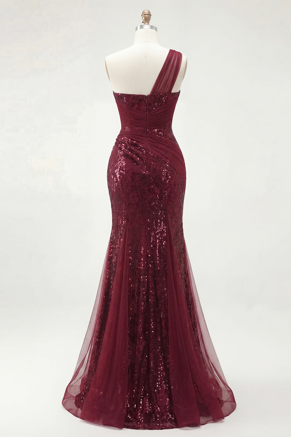 Corset Burgundy Mermaid One Shoulder Ruched Long Prom Dress with Slit