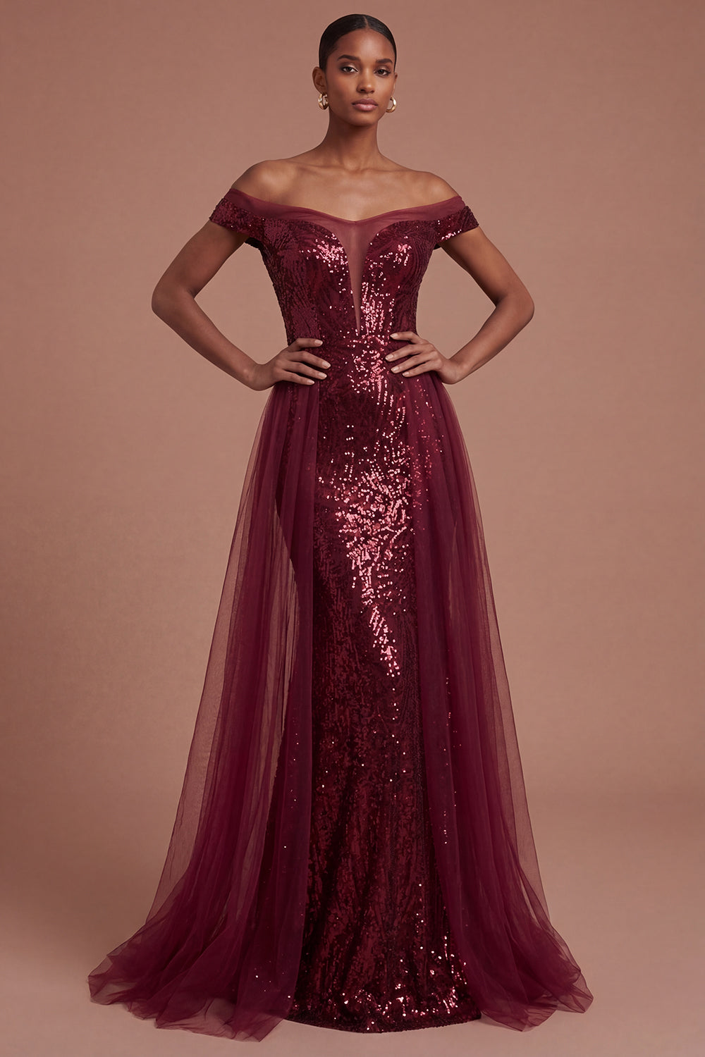 A Line Burgundy Off the Shoulder Long Prom Dress