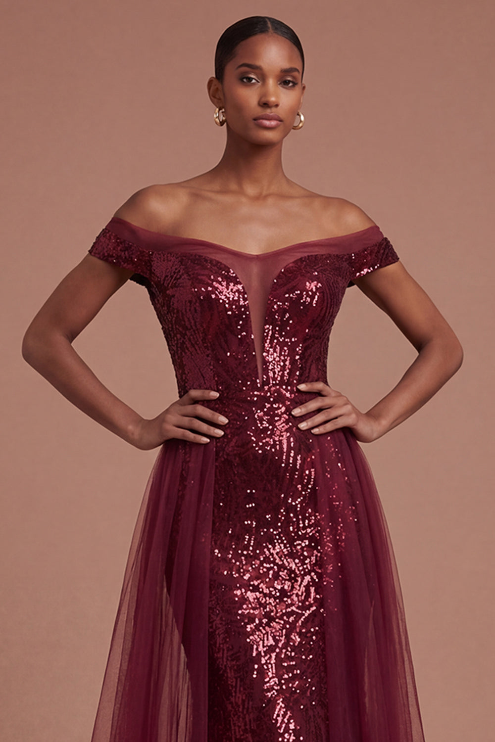 A Line Burgundy Off the Shoulder Long Prom Dress