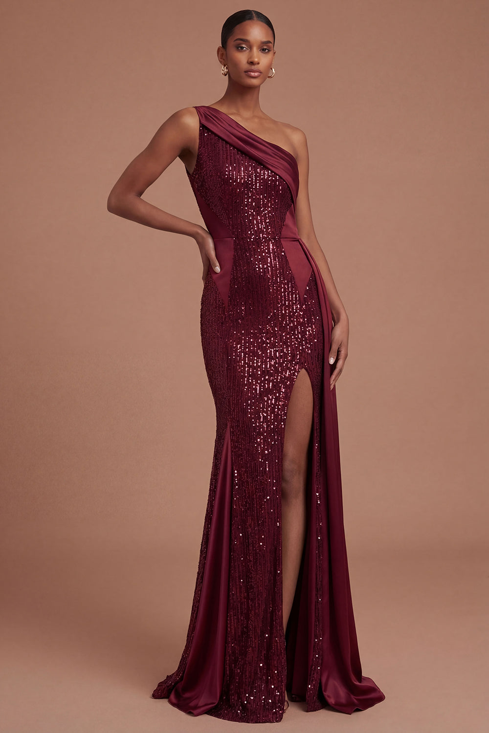 Mermaid Burgundy One Shoulder Long Prom Dress with Slit