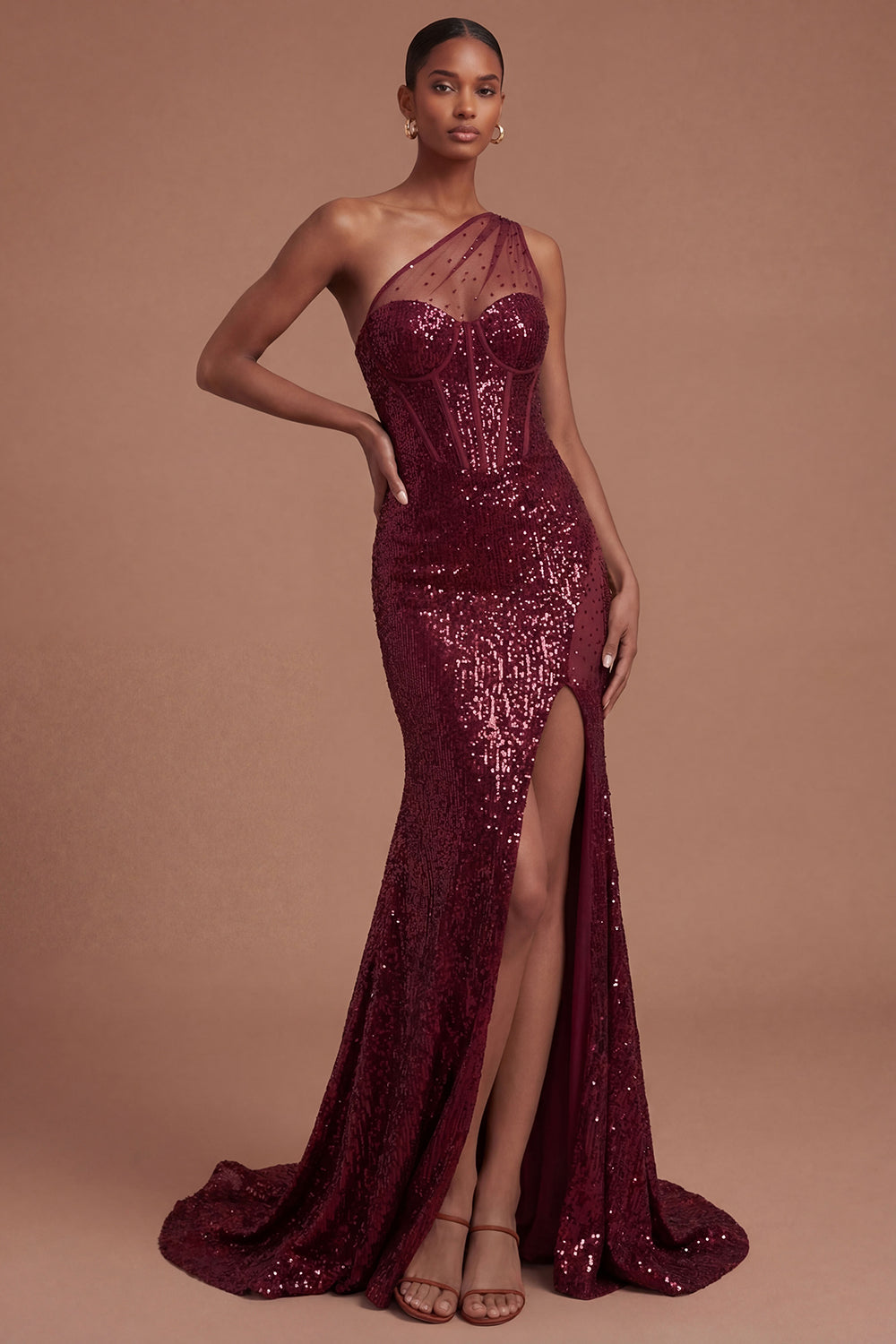 Leely Women Sparkly Sequined Corset Burgundy Long Prom Dress with Slit One Shoulder Backless Sleeveless Evening Dress