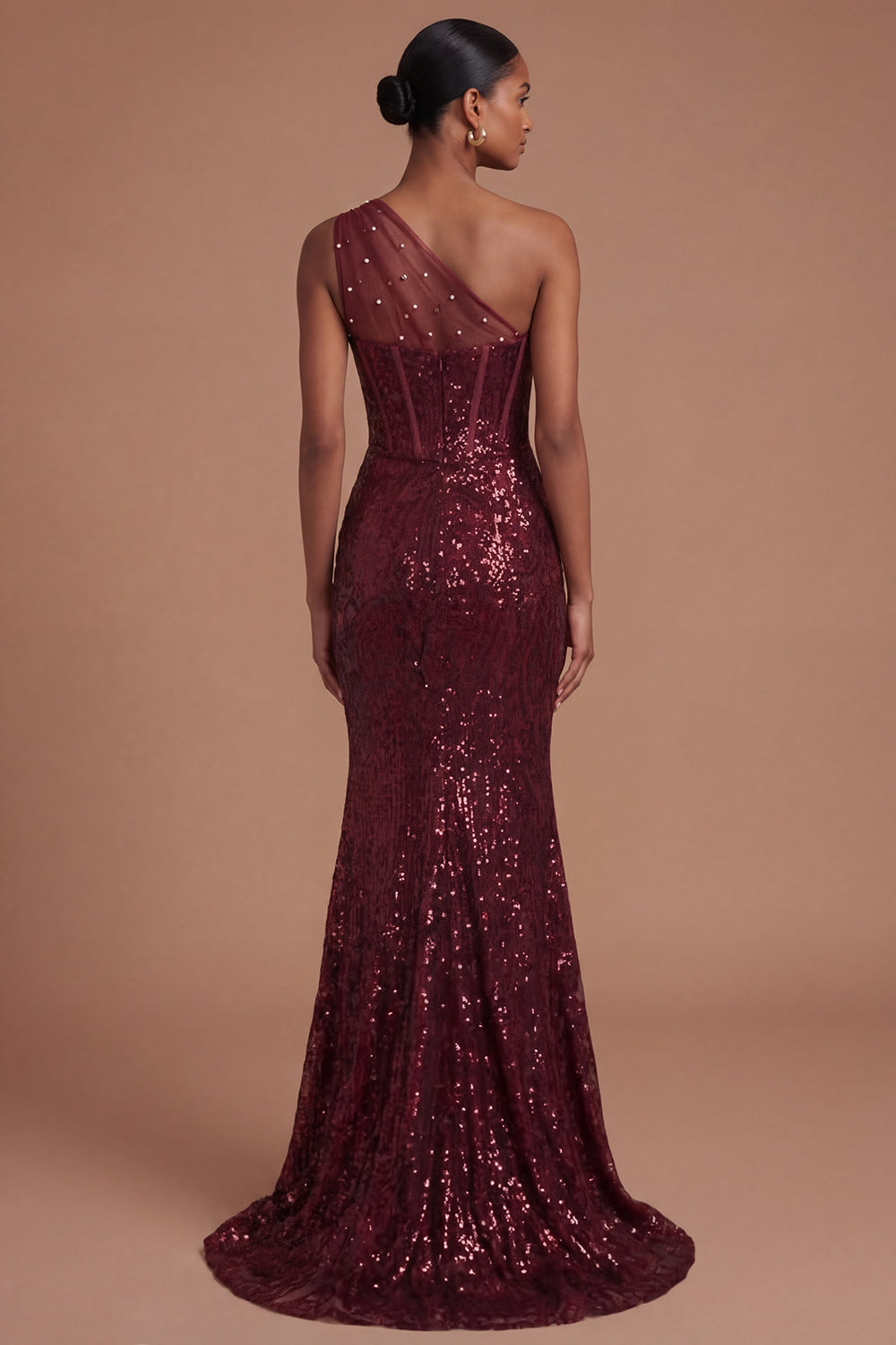 Sparkly Sequined Corset Burgundy One Shoulder Long Prom Dress with Slit