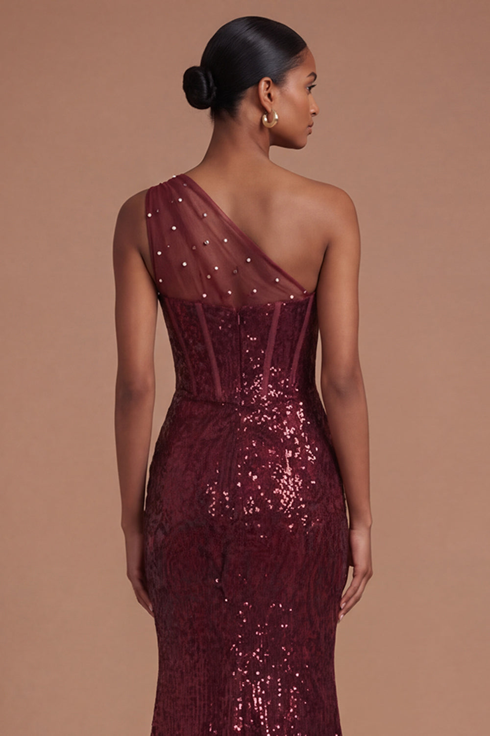 Sparkly Sequined Corset Burgundy One Shoulder Long Prom Dress with Slit