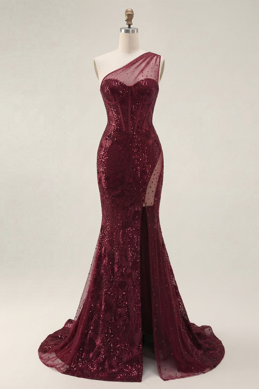 Sparkly Sequined Corset Burgundy One Shoulder Long Prom Dress with Slit