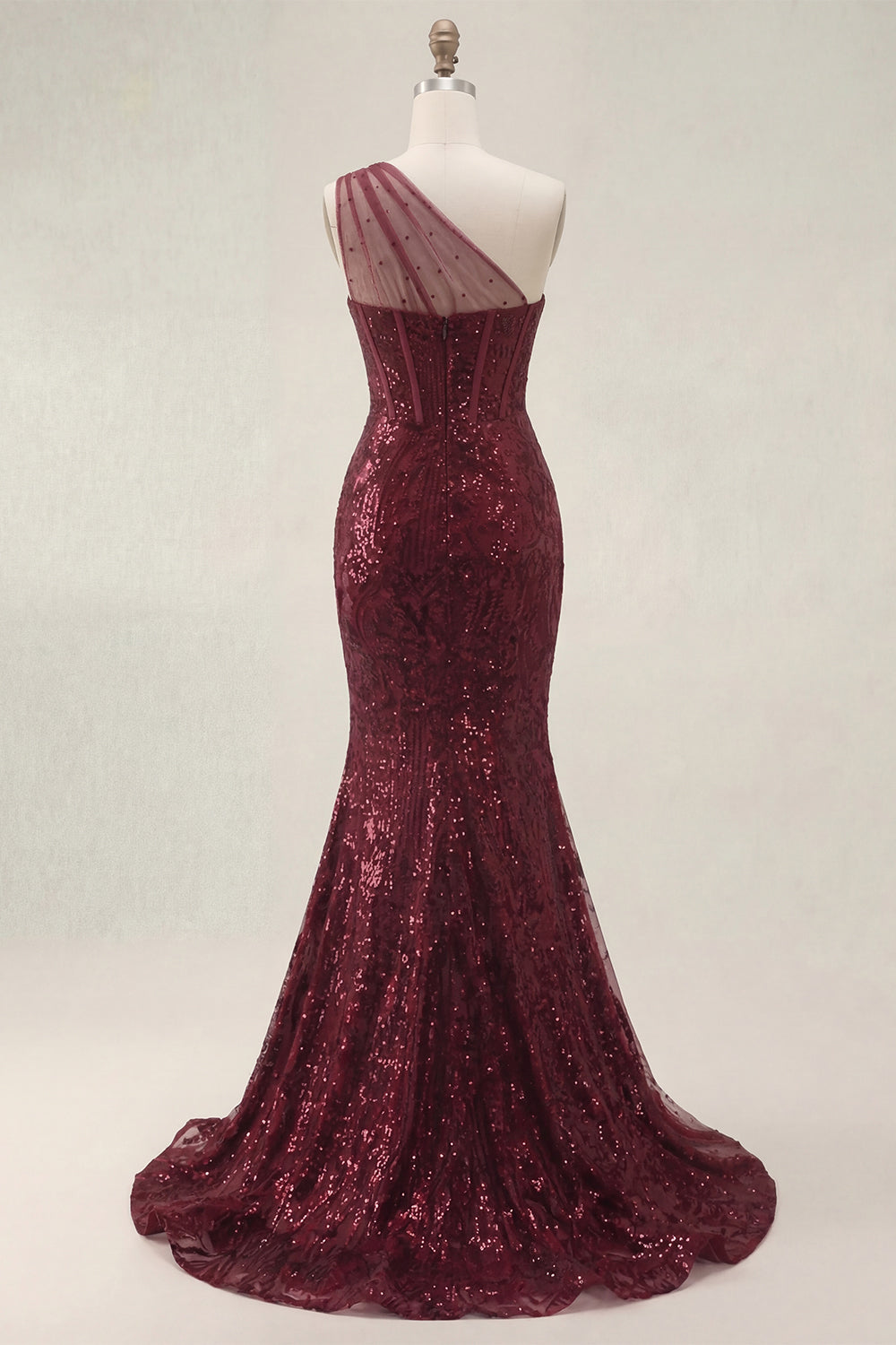 Sparkly Sequined Corset Burgundy One Shoulder Long Prom Dress with Slit