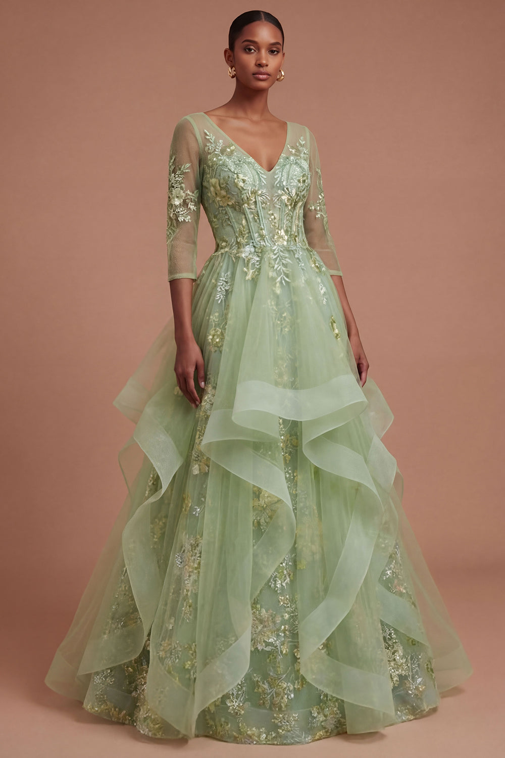 Leely Women Green Floral A Line Ruffled Appliqued Long Prom Dress Half Sleeves V Neck Evening Dress