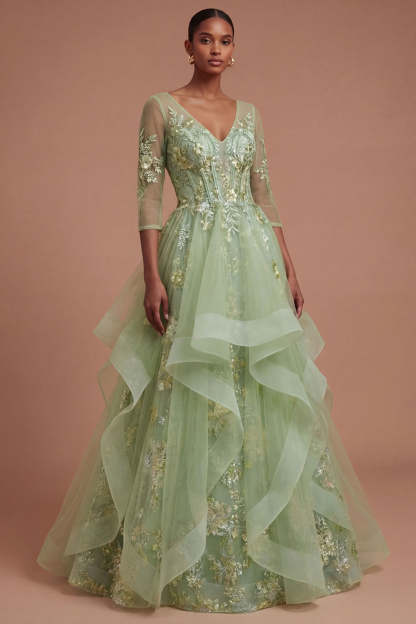 Leely Women Green Floral A Line Ruffled Appliqued Long Prom Dress Half Sleeves V Neck Evening Dress