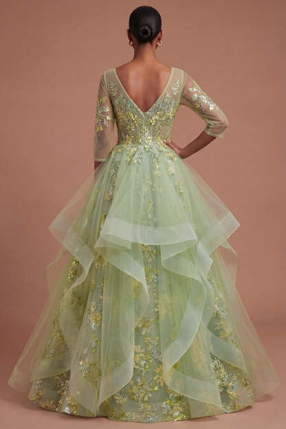 Green Floral A Line Ruffled Appliqued Long Prom Dress
