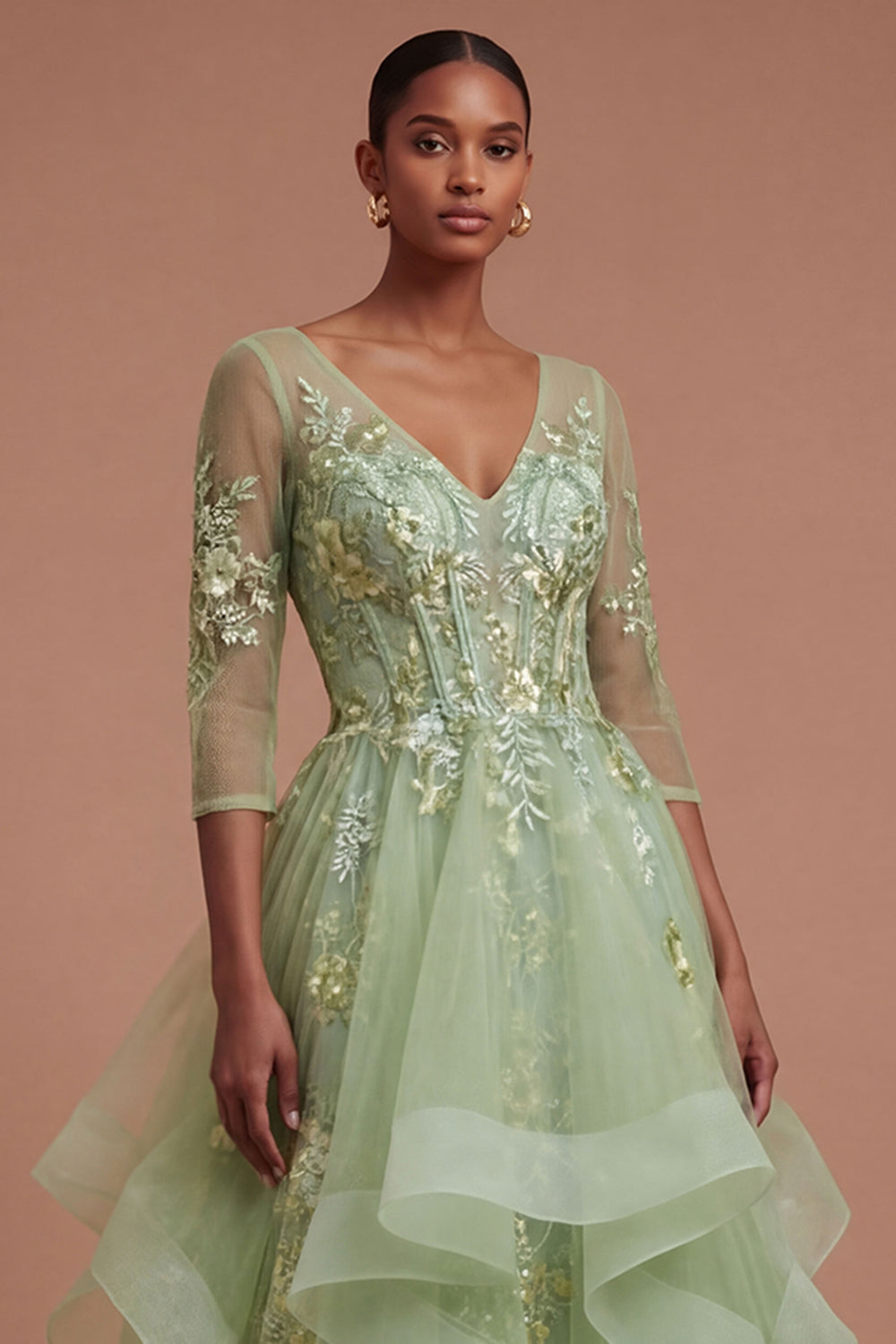 Green Floral A Line Ruffled Appliqued Long Prom Dress