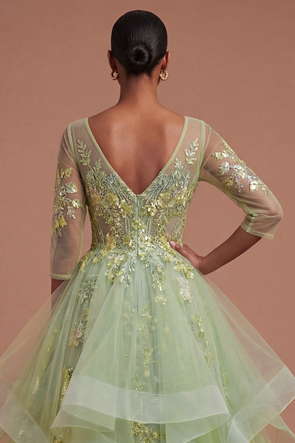 Green Floral A Line Ruffled Appliqued Long Prom Dress