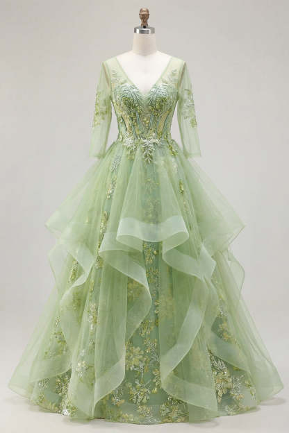 Green Floral A Line Ruffled Appliqued Long Prom Dress