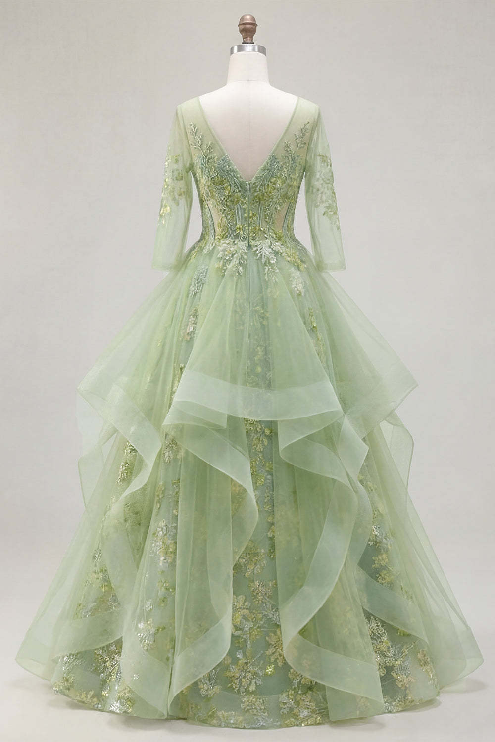 Green Floral A Line Ruffled Appliqued Long Prom Dress