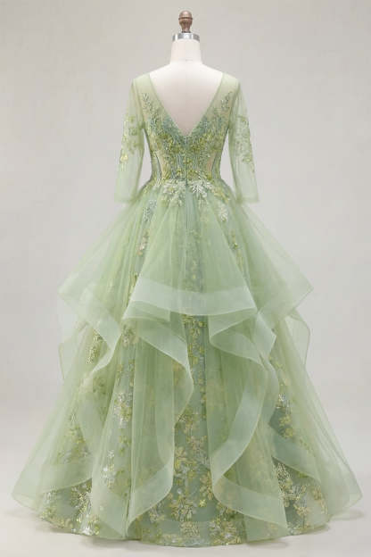 Green Floral A Line Ruffled Appliqued Long Prom Dress