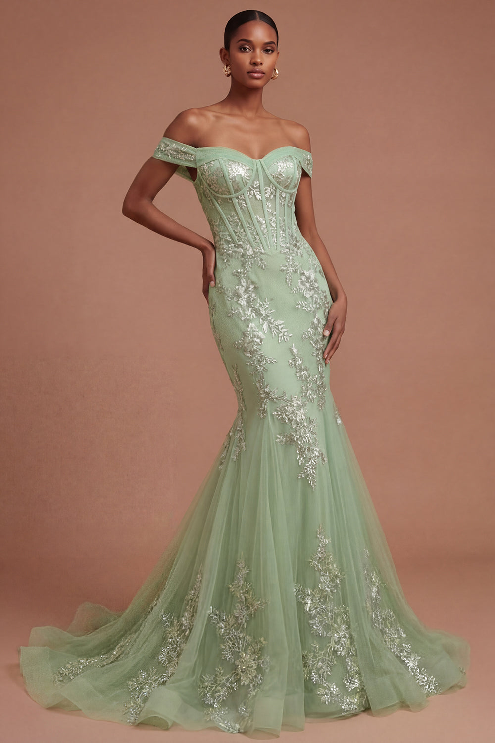 Green Floral Corset Appliqued Long Prom Dress