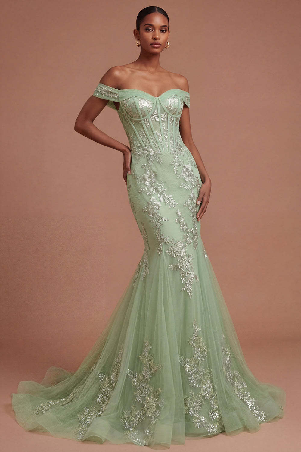 Leely Women Green Floral Corset Appliqued Long Prom Dress Off the Shoulder Backless Wedding Guest Dress