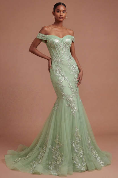 Leely Women Green Floral Corset Appliqued Long Prom Dress Off the Shoulder Backless Wedding Guest Dress