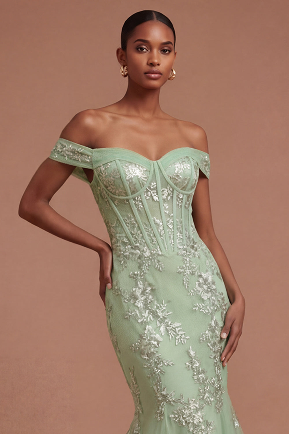 Green Floral Corset Appliqued Long Prom Dress