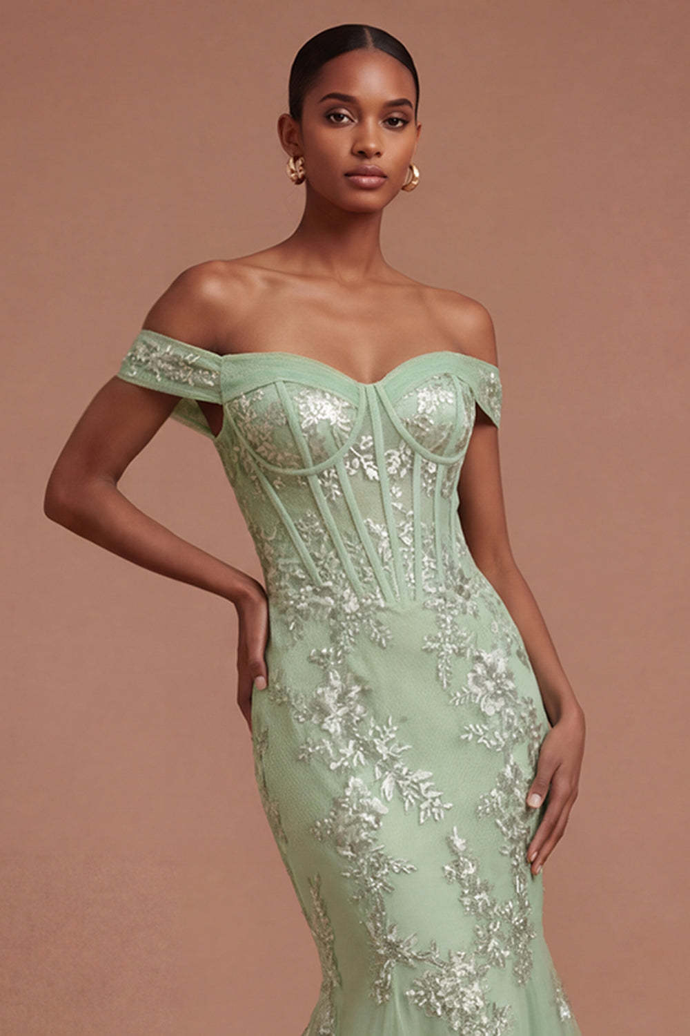 Green Floral Corset Appliqued Long Prom Dress