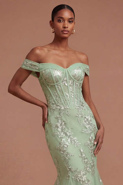 Green Floral Corset Appliqued Long Prom Dress