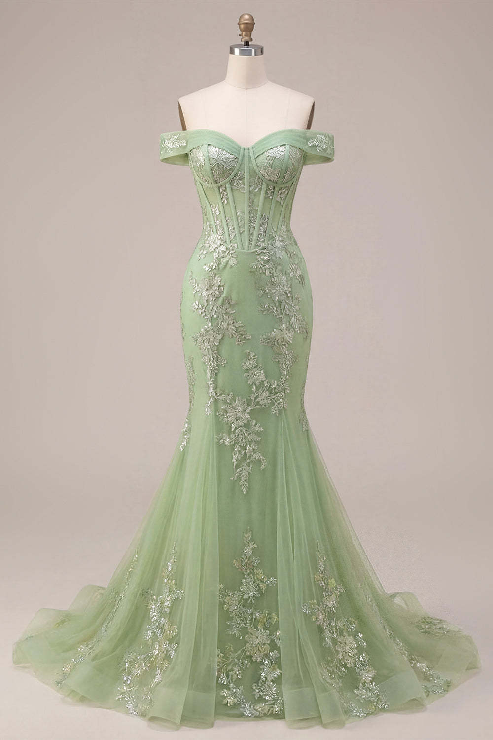 Green Floral Corset Appliqued Long Prom Dress