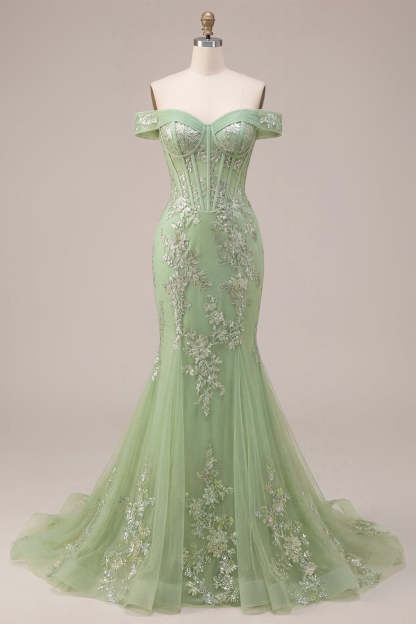 Green Floral Corset Appliqued Long Prom Dress