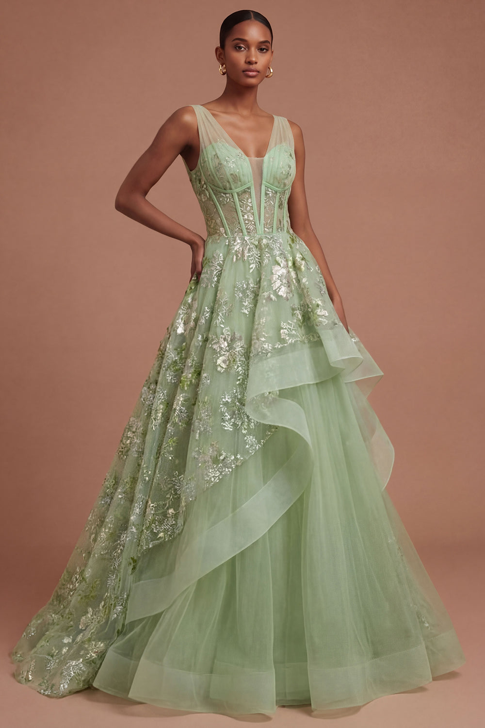 Leely Women Corset Green Floral Appliqued A Line Long Prom Dress V Neck Sleeveless Gala Dress