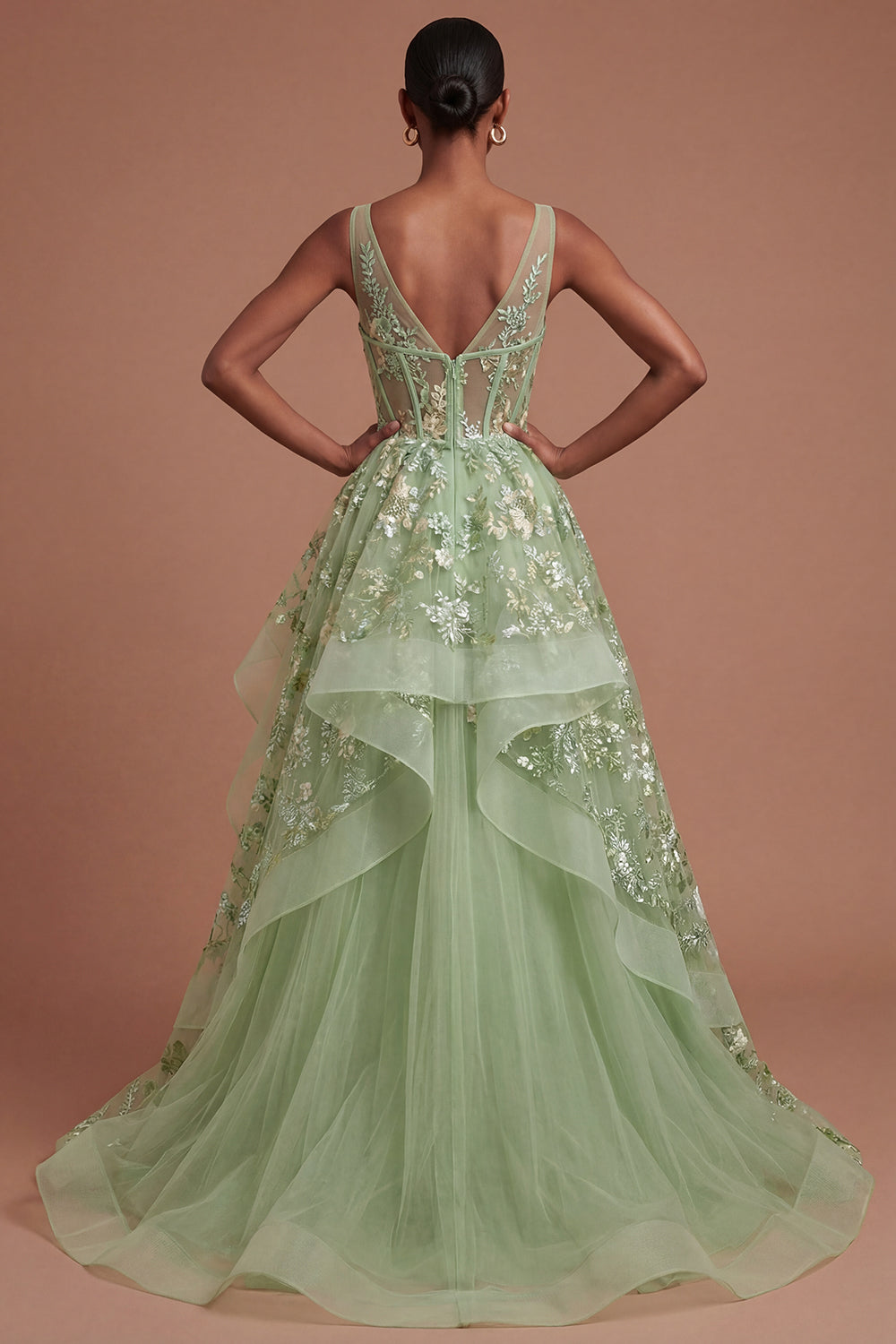 Corset Green Floral Appliqued A Line Long Prom Dress