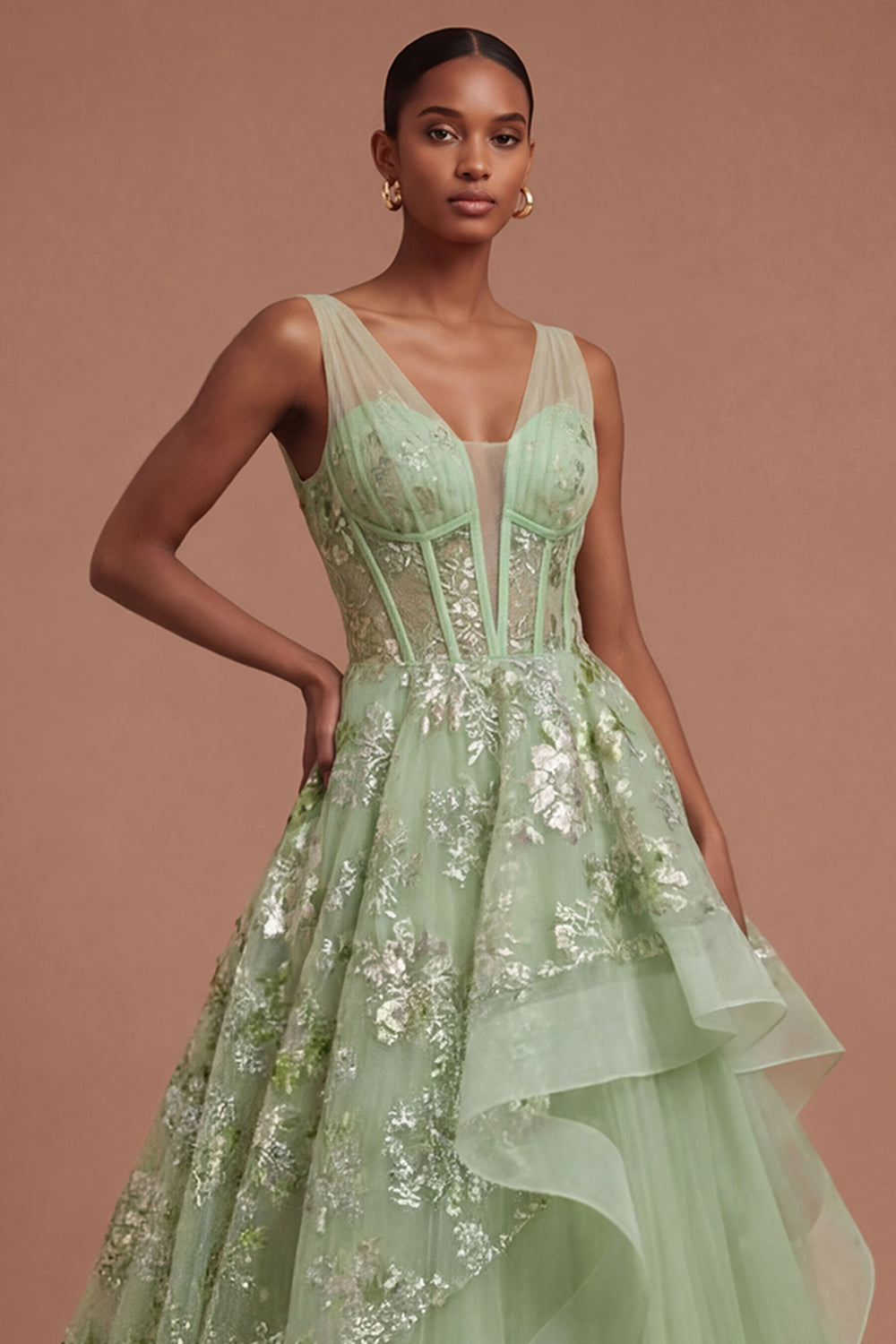 Corset Green Floral Appliqued A Line Long Prom Dress