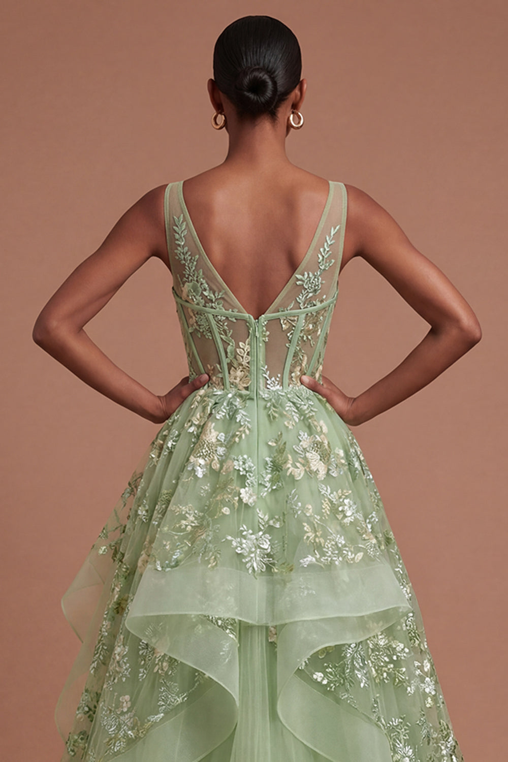 Corset Green Floral Appliqued A Line Long Prom Dress