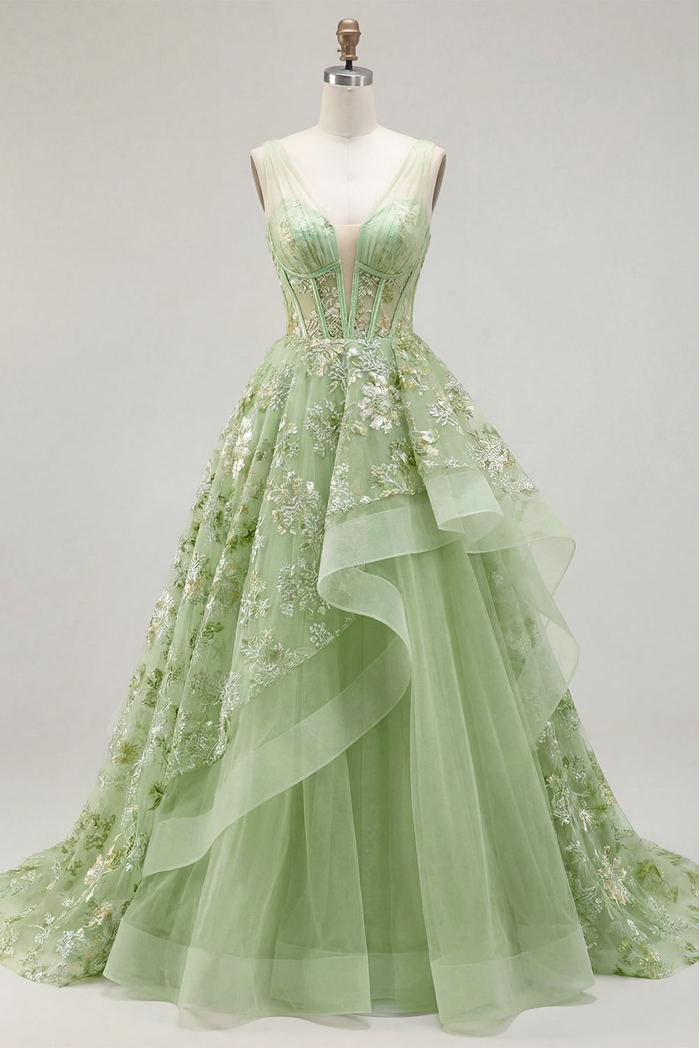 Corset Green Floral Appliqued A Line Long Prom Dress