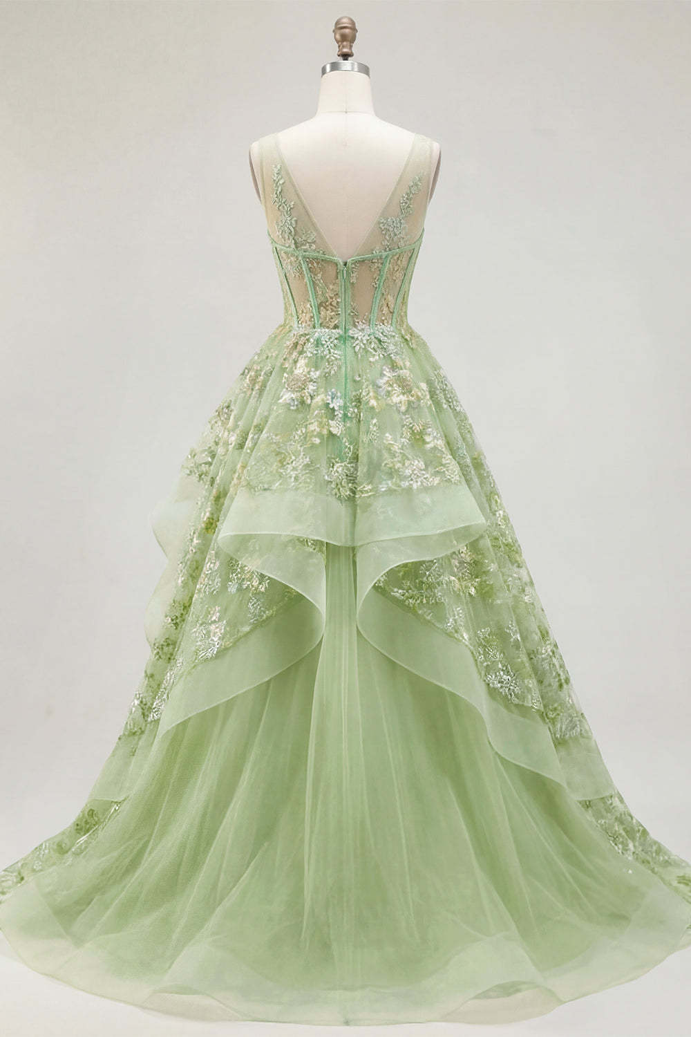 Corset Green Floral Appliqued A Line Long Prom Dress