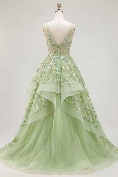 Corset Green Floral Appliqued A Line Long Prom Dress