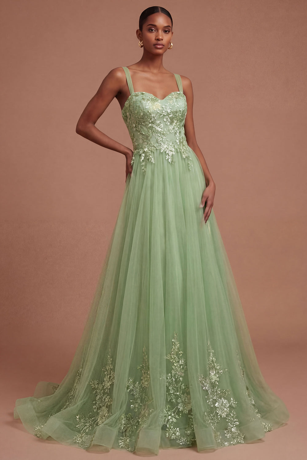 Leely Women A Line Floral Appliqued Thick Straps Long Prom Dress Backless Sleeveless Wedding Guest Dress