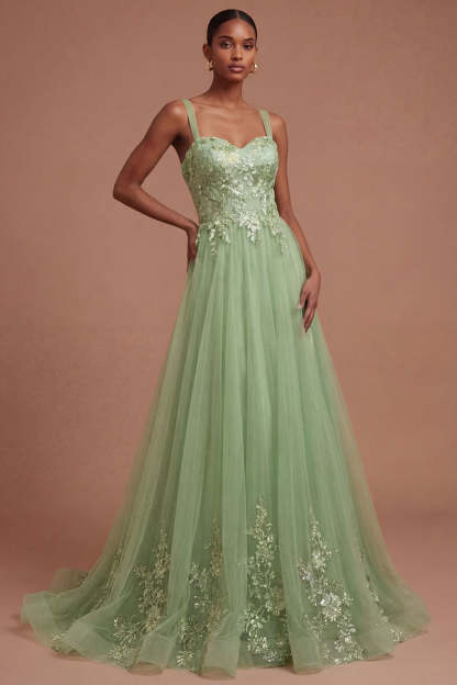 Leely Women A Line Floral Appliqued Thick Straps Long Prom Dress Backless Sleeveless Wedding Guest Dress
