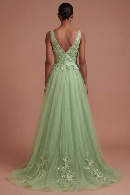 A Line Floral Appliqued Thick Straps Long Prom Dress
