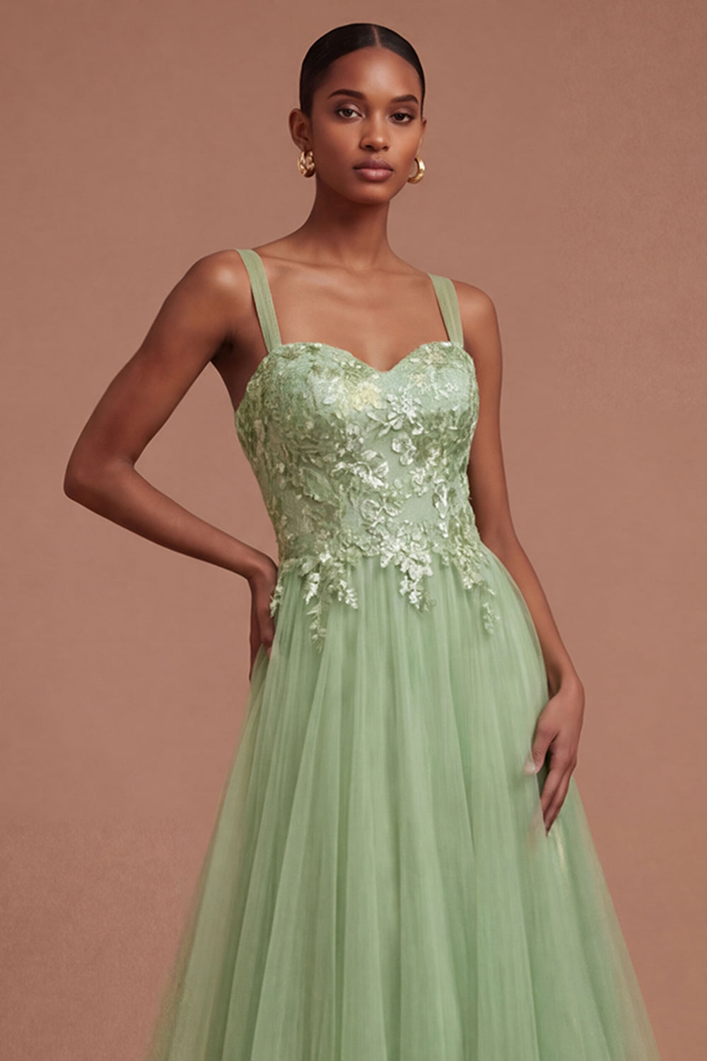 A Line Floral Appliqued Thick Straps Long Prom Dress