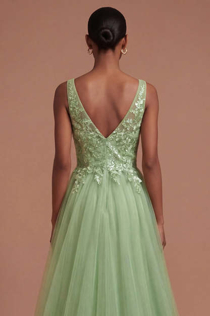 A Line Floral Appliqued Thick Straps Long Prom Dress