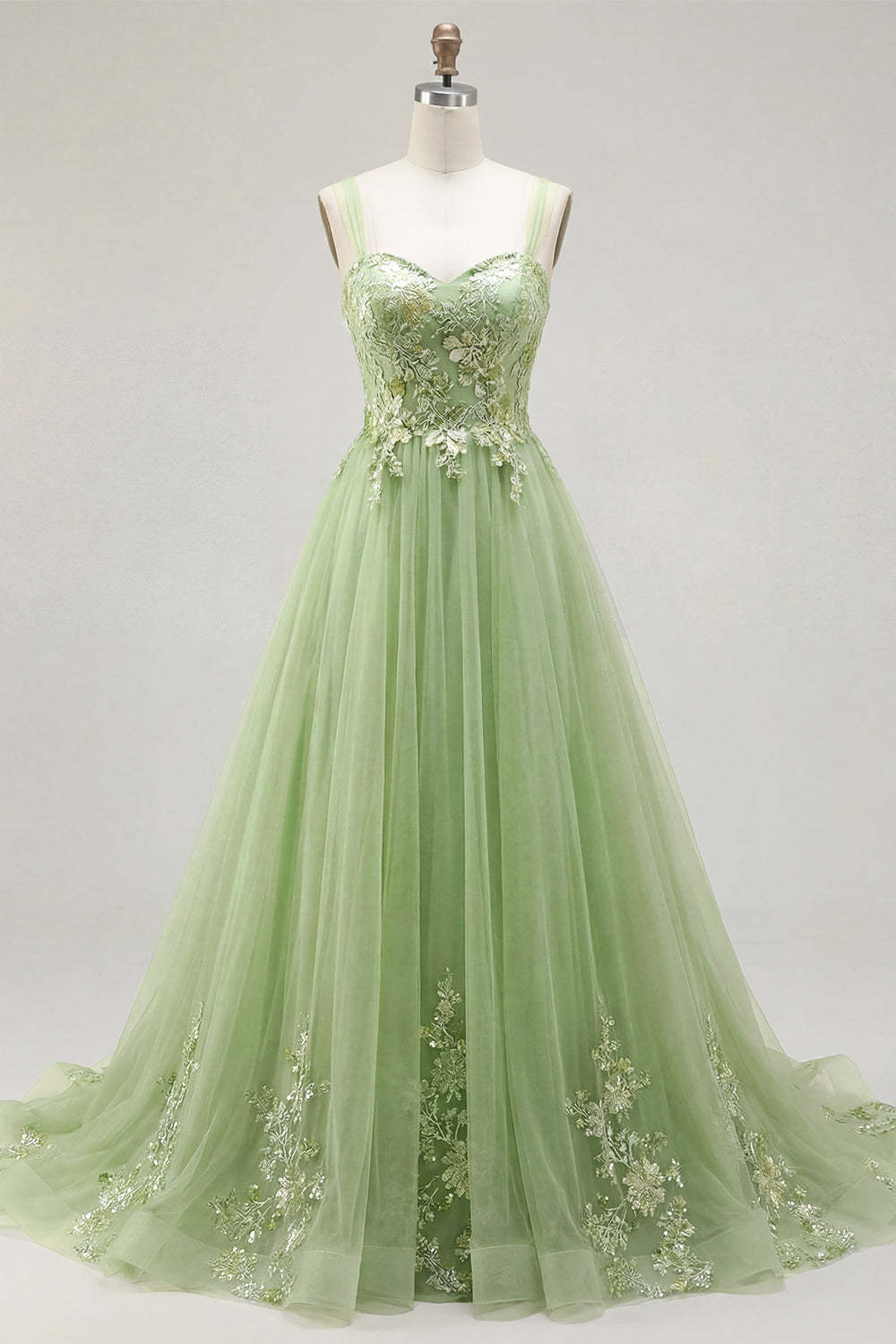 A Line Floral Appliqued Thick Straps Long Prom Dress