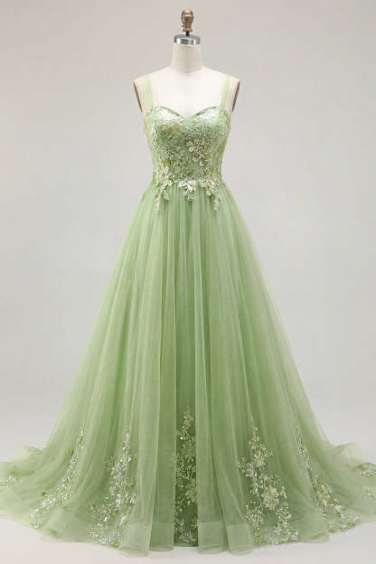 A Line Floral Appliqued Thick Straps Long Prom Dress