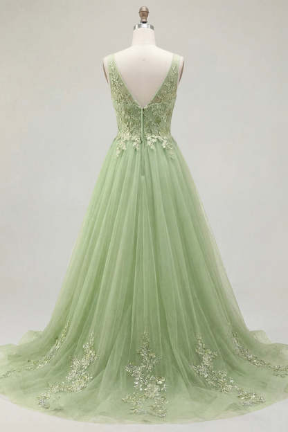 A Line Floral Appliqued Thick Straps Long Prom Dress