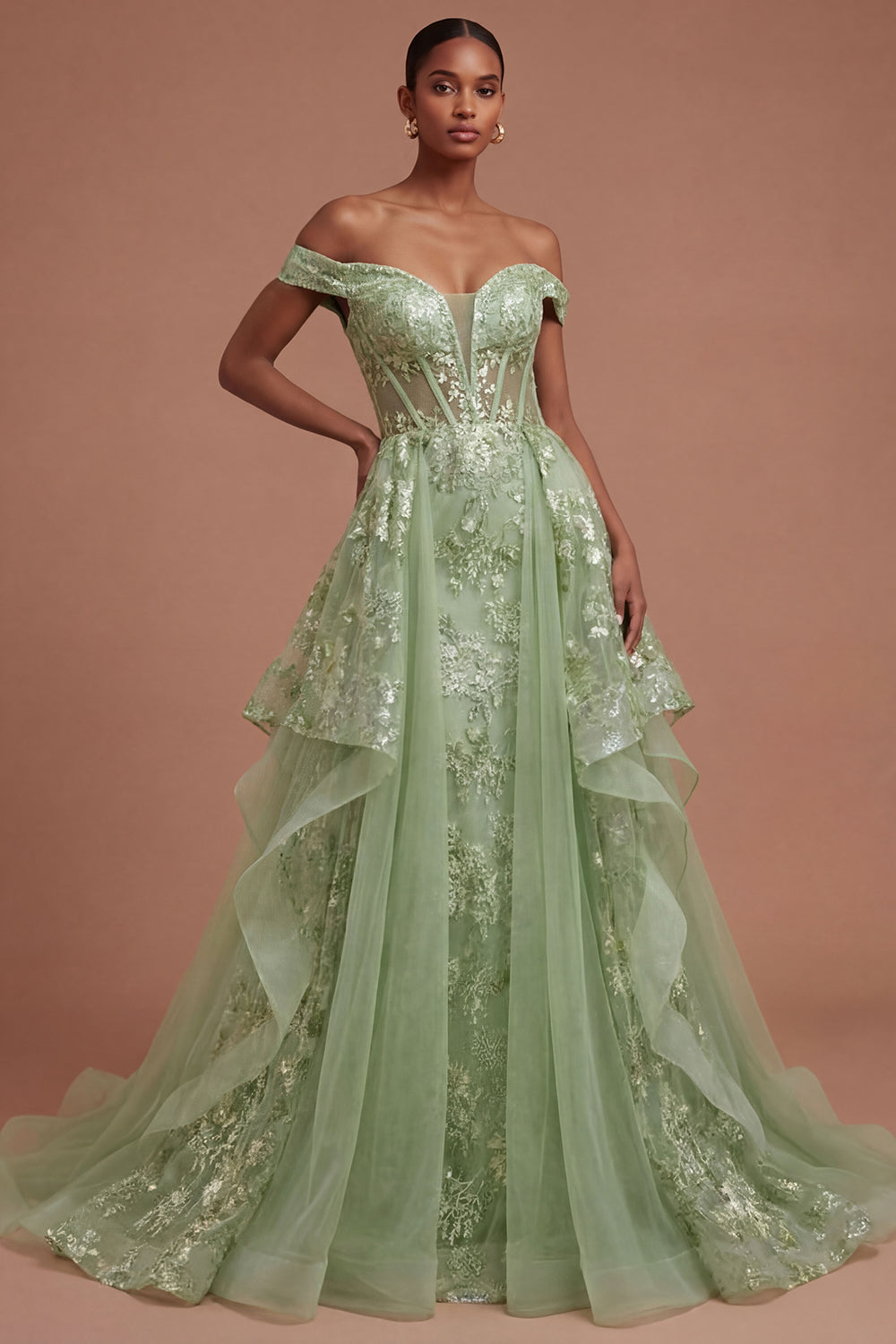 Off the Shoulder Corset Green Floral A Line Long Prom Dress