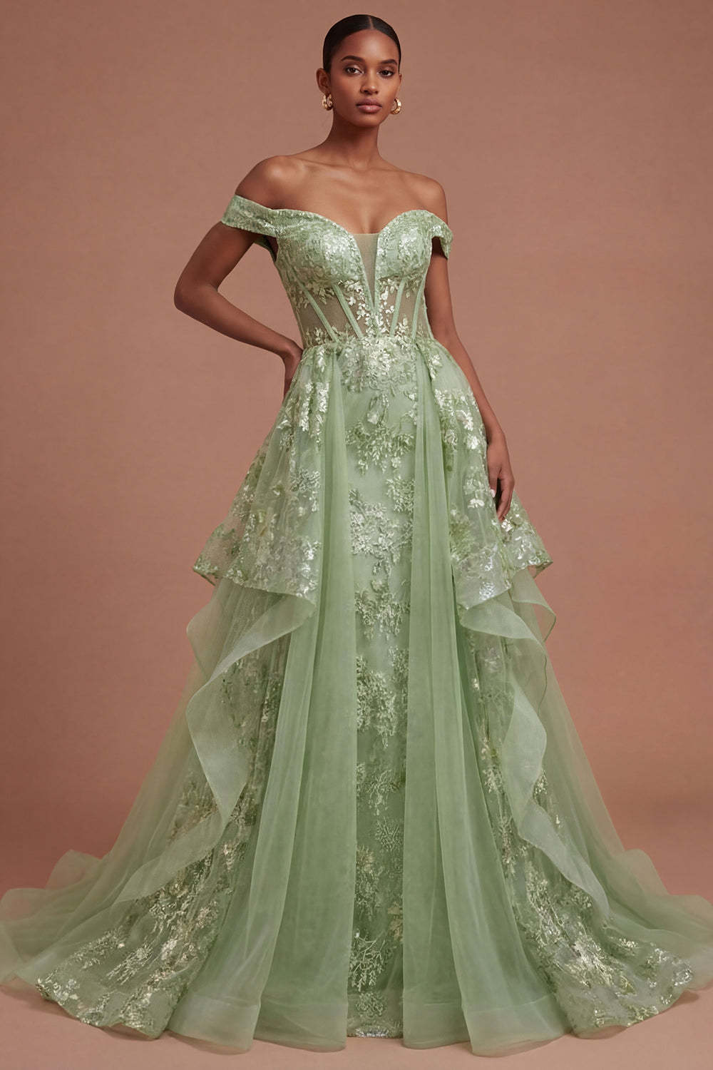 Leely Women Off the Shoulder Corset Green Floral A Line Long Prom Dress Backless Sleeveless Appliqued Wedding Guest Dress