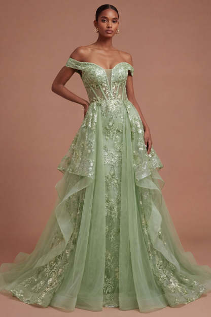 Leely Women Off the Shoulder Corset Green Floral A Line Long Prom Dress Backless Sleeveless Appliqued Wedding Guest Dress