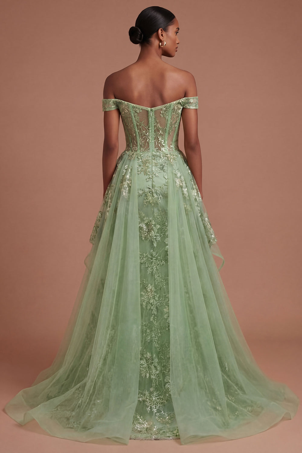 Off the Shoulder Corset Green Floral A Line Long Prom Dress