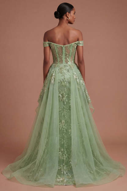 Off the Shoulder Corset Green Floral A Line Long Prom Dress